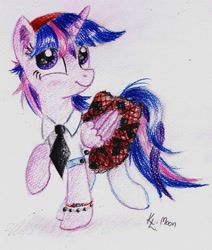 Size: 1024x1210 | Tagged: safe, artist:moonlight-ki, derpibooru import, twilight sparkle, twilight sparkle (alicorn), alicorn, pony, clothes, female, mare, necktie, skirt, solo, traditional art