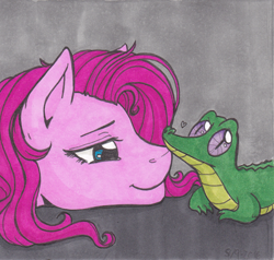 Size: 400x380 | Tagged: safe, artist:nothingspecialx9, gummy, pinkie pie, earth pony, pony, comforting, heart, sad, smiling, traditional art