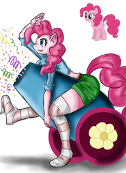 Size: 1100x1511 | Tagged: safe, artist:leonardofrei, pinkie pie, anthro, clothes, midriff, party cannon, short shirt, socks, solo, striped socks