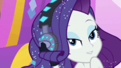 Size: 998x561 | Tagged: safe, screencap, rarity, better together, equestria girls, the other side, animated, bedroom eyes, close-up, female, gif, headphones, illusion, looking at you, one eye closed, solo, wink
