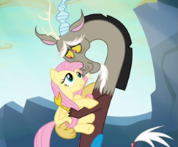 Size: 565x467 | Tagged: safe, screencap, discord, fluttershy, draconequus, pegasus, pony, to where and back again, cropped, cute, discute, female, hug, male, mare, shipping fuel