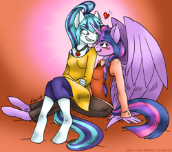 Size: 1100x966 | Tagged: safe, artist:kaemantis, sonata dusk, twilight sparkle, twilight sparkle (alicorn), alicorn, anthro, unguligrade anthro, blushing, clothes, female, grin, heart, lesbian, looking at each other, shipping, sitting, smiling, twinata