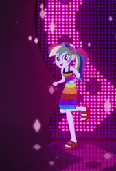 Size: 488x720 | Tagged: safe, derpibooru import, screencap, rainbow dash, better together, equestria girls, i'm on a yacht, clothes, cropped, cute, dancing, dashabetes, dress, looking at you, neon eg logo, rainbow dash always dresses in style, sandals, sleeveless, solo