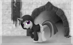 Size: 2560x1600 | Tagged: safe, artist:whispercannon, derpibooru import, twilight sparkle, castle, clothes, grayscale, hoodie, monochrome, solo