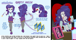 Size: 2666x1408 | Tagged: safe, artist:succubi samus, rarity, sweetie belle, equestria girls, bra, chair, cigarette, cigarette holder, clothes, crying, desk, drinking, equestrian city, frame, glass, griefing, hair over one eye, hairpin, makeup, older, open clothes, open shirt, panties, purple underwear, reference sheet, regal, running makeup, sad, show accurate, smoking, solo, underwear, unzipped, wine glass