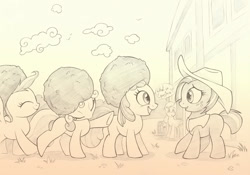 Size: 877x613 | Tagged: safe, artist:sherwoodwhisper, apple bloom, applejack, babs seed, scootaloo, sweetie belle, earth pony, pony, afro, cutie mark crusaders, monochrome, traditional art, wig