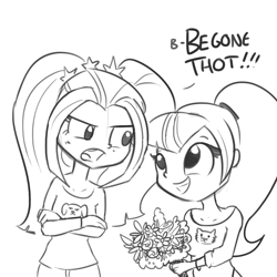 Size: 1271x1271 | Tagged: safe, artist:tjpones, aria blaze, sonata dusk, equestria girls, arisona, begone thot, blushing, female, grin, lesbian, monochrome, shipping, sketch, smiling, thot, tsundaria, tsundere