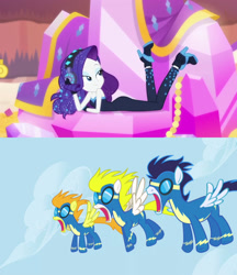 Size: 1617x1872 | Tagged: safe, edit, edited screencap, editor:sonic ranger, screencap, blaze, rarity, soarin', surprise, pegasus, pony, better together, equestria girls, the other side, adorasexy, alternate hairstyle, ankle boots, ass, bare shoulders, boots, clothes, cute, cutie mark on clothes, eyeshadow, female, gloves, goggles, headphones, jaw drop, looking back, makeup, male, mare, music video, off shoulder, open mouth, prone, sexy, shoes, sinfully sexy, sky, sleeveless, smiling, spread wings, stallion, strapless, stupid sexy rarity, uniform, unitard, wingboner, wings, wonderbolts, wonderbolts uniform