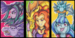 Size: 3513x1801 | Tagged: safe, artist:stormblaze-pegasus, adagio dazzle, aria blaze, sonata dusk, siren, equestria girls, clothes, fingerless gloves, food, gloves, open mouth, taco, the dazzlings, traditional art