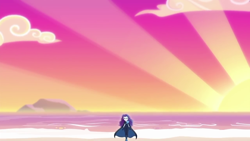 Size: 1280x720 | Tagged: safe, screencap, rarity, better together, equestria girls, the other side, beach, island, ocean, perspective, solo, sunset