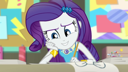 Size: 1280x720 | Tagged: safe, screencap, rarity, better together, equestria girls, the other side, cute, female, geode of shielding, pencil, pincushion, raribetes, solo