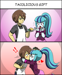 Size: 1300x1580 | Tagged: safe, artist:acesrockz, artist:drdark7, sonata dusk, oc, oc:silent mic, equestria girls, apron, blushing, canon x oc, clothes, exclamation point, female, food, kissing, male, silenata, straight, taco