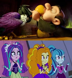 Size: 971x1057 | Tagged: safe, artist:hunterxcolleen, edit, edited screencap, screencap, adagio dazzle, aria blaze, sonata dusk, equestria girls, rainbow rocks, bestiality, crossover, disgusted, gargamel, interspecies, kissing, monty, smurfs, smurfs: the lost village, smurfs: the lost village (movie), the dazzlings, the smurfs, vulture