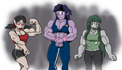 Size: 1736x1000 | Tagged: safe, artist:advanceddefense, derpibooru import, twilight sparkle, oc, ghost, hengstwolf, human, vampire, clothes, flexing, humanized, midriff, muscles, sports bra, twilight muscle, wardrobe malfunction, werelight shine, workout outfit