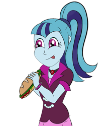 Size: 637x714 | Tagged: safe, artist:xethshade, sonata dusk, equestria girls, :p, bracelet, female, food, jewelry, necklace, pendant, ponytail, sandwich, simple background, solo, tongue out, white background