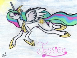 Size: 1600x1194 | Tagged: safe, artist:spinningsanity, princess celestia, alicorn, pony, flying, solo, traditional art