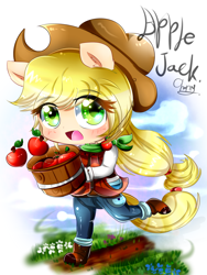 Size: 1200x1600 | Tagged: safe, artist:flappy27, applejack, human, apple, bucket, chibi, eared humanization, food, humanized, solo, tailed humanization