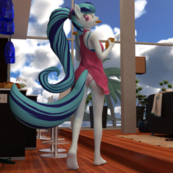 Size: 2000x2000 | Tagged: safe, artist:tahublade7, sonata dusk, anthro, earth pony, plantigrade anthro, equestria girls, 3d, ass, barefoot, bra, bra strap, butt, clothes, cloud, dress, eating, fangs, feet, female, food, heart, heart print underwear, kitchen, living room, looking back, mare, panties, pink underwear, sky, smiling, solo, sonataco, taco, underwear, window