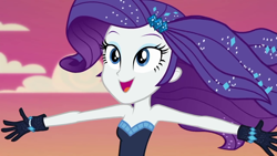 Size: 1280x720 | Tagged: safe, screencap, rarity, better together, equestria girls, the other side, arms spread out, arms wide open, bare shoulders, bodysuit, clothes, cute, gloves, raribetes, sleeveless, smiling, solo, strapless