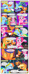 Size: 612x1553 | Tagged: safe, artist:christhes, derpibooru import, applejack, pinkie pie, rainbow dash, earth pony, pegasus, pony, collaboration, comic:friendship is dragons, annoyed, bandana, comic, crash, crossover, dancing, dialogue, dragon age, ear piercing, earring, eyes closed, female, flying, freckles, grin, hat, hourglass, isabela, jewelry, laurel wreath, mare, mind control, night, onomatopoeia, pendulum swing, piercing, ponified, raised hoof, rearing, show accurate, shrug, smiling, stars, swirly eyes, tongue out, top hat, unamused, wingblade