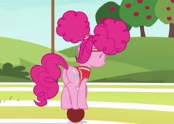 Size: 575x411 | Tagged: safe, screencap, pinkie pie, earth pony, pony, buckball season, alternate hairstyle, ball, clothes, cropped, female, mare, pinktails pie, plot, solo