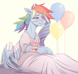 Size: 2351x2226 | Tagged: safe, artist:1an1, derpibooru import, rainbow dash, pegasus, pony, balloon, bandage, blood, digital art, female, mare, recovery, smiling, solo