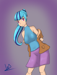 Size: 1935x2501 | Tagged: safe, artist:wolfy-pony, sonata dusk, human, arm behind back, bare shoulders, breasts, clothes, colored pupils, cute, female, gradient background, humanized, looking at you, ponytail, skirt, smiling, solo