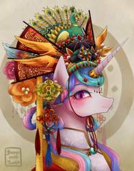 Size: 1500x1913 | Tagged: safe, artist:buryooooo, princess celestia, alicorn, bird, peacock, pony, alternate hairstyle, chinese, chinese new year, clothes, eyeshadow, female, jewelry, looking at you, makeup, mare, smiling, solo