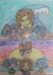 Size: 753x1060 | Tagged: safe, artist:tobiisabunny, adagio dazzle, aria blaze, sonata dusk, oc, oc:dante the savage imp, siren, equestria girls, colored pencil drawing, female, sunset, traditional art, wave, younger