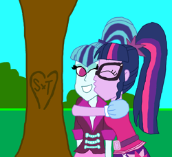 Size: 2000x1822 | Tagged: safe, artist:ktd1993, sci-twi, sonata dusk, twilight sparkle, equestria girls, female, initials, kissing, lesbian, sci-twinata, shipping, tree, twinata