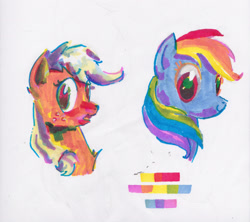 Size: 2527x2248 | Tagged: safe, artist:explonova, applejack, rainbow dash, earth pony, pegasus, pony, bust, c:, d:, duo, female, mare, markers, open mouth, smiling, traditional art