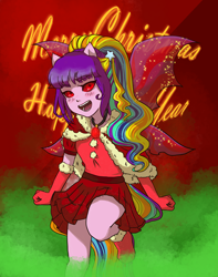 Size: 2178x2759 | Tagged: safe, artist:itsnotdaijoubu, adagio dazzle, aria blaze, sonata dusk, equestria girls, christmas, christmas outfit, clothes, eyestrain warning, female, fusion, holiday, looking at you, merry christmas, needs more saturation, negative energy, pleated skirt, ponied up, raised leg, red eyes, skirt, skirt lift, solo, we have become one