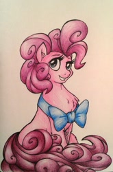 Size: 800x1209 | Tagged: safe, artist:mati0la, pinkie pie, earth pony, pony, chest fluff, looking at you, ribbon, sitting, solo, traditional art