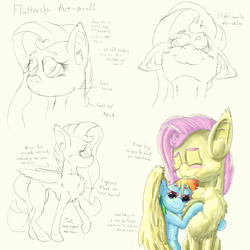 Size: 4320x4320 | Tagged: safe, artist:firefanatic, derpibooru import, fluttershy, rainbow dash, pegasus, pony, chest fluff, cute, ear fluff, fluffy, hug, redesign, size difference, smiling, smoldash, tallershy, winghug, writing