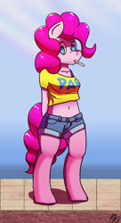 Size: 1200x2200 | Tagged: safe, artist:mopyr, pinkie pie, anthro, unguligrade anthro, belly button, candy, clothes, daisy dukes, food, lollipop, midriff, short shirt, shorts, solo, t-shirt