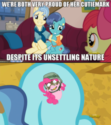 Size: 1280x1444 | Tagged: safe, edit, edited screencap, screencap, apple bloom, petunia paleo, pinkie pie, earth pony, pony, the fault in our cutie marks, /k/, check em, cutie mark, meme, petunia paleo's unsettling cutie mark, zergface