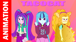 Size: 1280x720 | Tagged: safe, artist:minusclass, adagio dazzle, aria blaze, sonata dusk, equestria girls, blushing, cat ears, embarrassed, food, solo, taco