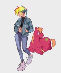 Size: 1128x1332 | Tagged: safe, artist:mitbii, derpibooru import, big macintosh, rainbow dash, earth pony, human, pony, clothes, denim jacket, hands in pockets, humanized, jeans, pants, ponytail, shoes, simple background, white background