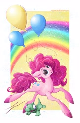 Size: 3300x5100 | Tagged: safe, artist:jessicavernell, gummy, pinkie pie, earth pony, pony, absurd resolution, balloon, rainbow, then watch her balloons lift her up to the sky, unshorn fetlocks