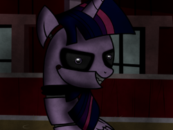 Size: 1024x768 | Tagged: safe, artist:birdivizer, derpibooru import, twilight sparkle, twilight sparkle (alicorn), alicorn, pony, robot, animatronic, creepy, female, five nights at aj's, five nights at freddy's, mare, security officer, solo, watching