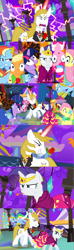 Size: 1920x6480 | Tagged: safe, alternate version, artist:christhes, derpibooru import, applejack, fluttershy, pinkie pie, prince blueblood, rainbow dash, rarity, twilight sparkle, unicorn twilight, earth pony, pegasus, pony, unicorn, collaboration, comic:friendship is dragons, alicorn amulet, angry, clothes, comic, dress, evil grin, female, flower in mouth, flying, freckles, frown, gala dress, glare, glass slipper (footwear), glowing horn, grin, hat, high heels, hoof shoes, horn, jewelry, lightning, looking down, male, mane six, mare, night, party horn, raised hoof, rose, rose in mouth, shocked, shoes, show accurate, smiling, stallion, stars, surprised, tiara, unshorn fetlocks, upside down