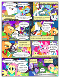 Size: 612x792 | Tagged: safe, artist:christhes, derpibooru import, applejack, fluttershy, pinkie pie, prince blueblood, rainbow dash, rarity, twilight sparkle, unicorn twilight, earth pony, pegasus, pony, unicorn, collaboration, comic:friendship is dragons, alicorn amulet, alternate eye color, angry, bucking, clothes, comic, dialogue, dress, eyes closed, female, fight, flying, freckles, gala dress, glare, glowing horn, hat, horn, jewelry, laurel wreath, male, mane six, mare, night, open mouth, raised hoof, rearing, show accurate, sombra eyes, spread wings, stallion, stars, tiara, unshorn fetlocks, vine, wide eyes, wings