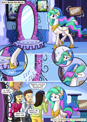 Size: 955x1351 | Tagged: safe, artist:mysticalpha, princess celestia, alicorn, human, pony, equestria girls, brony, comic, dialogue, female, magic mirror, mare, notice me senpai, portal, speech bubble