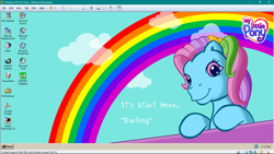 Size: 1366x768 | Tagged: safe, artist:raka-chanrio, artist:supermatt314, derpibooru import, rainbow dash (g3), g3, cloud, looking at you, microsoft, rainbow, text, wallpaper, windows, windows nt