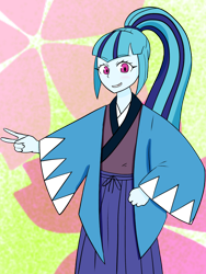 Size: 768x1024 | Tagged: safe, artist:rdash2116108, sonata dusk, equestria girls, clothes, kimono (clothing), peace sign, shinsengumi, simple background