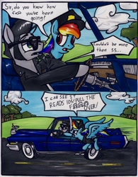 Size: 1024x1310 | Tagged: safe, artist:sketchywolf-13, derpibooru import, rainbow dash, oc, oc:sketchy, earth pony, pegasus, pony, cadillac, car, censored, censored vulgarity, cigarette, clothes, cloud, driving, female, lake pipes, male, mare, novelty censor, police officer, police uniform, road, sky, speech bubble, stallion, sunglasses, text, traditional art, vulgar, white walls, wings