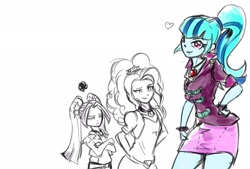 Size: 2039x1377 | Tagged: safe, artist:oberon826, adagio dazzle, aria blaze, sonata dusk, equestria girls, arm behind back, clothes, crossed arms, female, looking at you, pigtails, ponytail, simple background, skirt, trio, twintails, white background