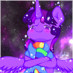 Size: 2500x2500 | Tagged: safe, artist:ryano-0, derpibooru import, rainbow dash, twilight sparkle, twilight sparkle (alicorn), alicorn, pegasus, pony, blushing, hug, implied lesbian, implied shipping, implied twidash, plushie, solo