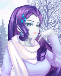 Size: 1800x2224 | Tagged: safe, artist:gyuumu, rarity, equestria girls, clothes, female, looking at you, purple, scarf, snow, solo, white, winter