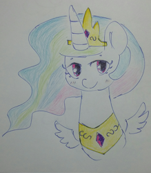 Size: 1600x1829 | Tagged: safe, artist:c0pter, princess celestia, alicorn, pony, blushing, bust, colored pencil drawing, cute, female, looking at you, mare, portrait, simple background, small wings, smiling, solo, traditional art, white background